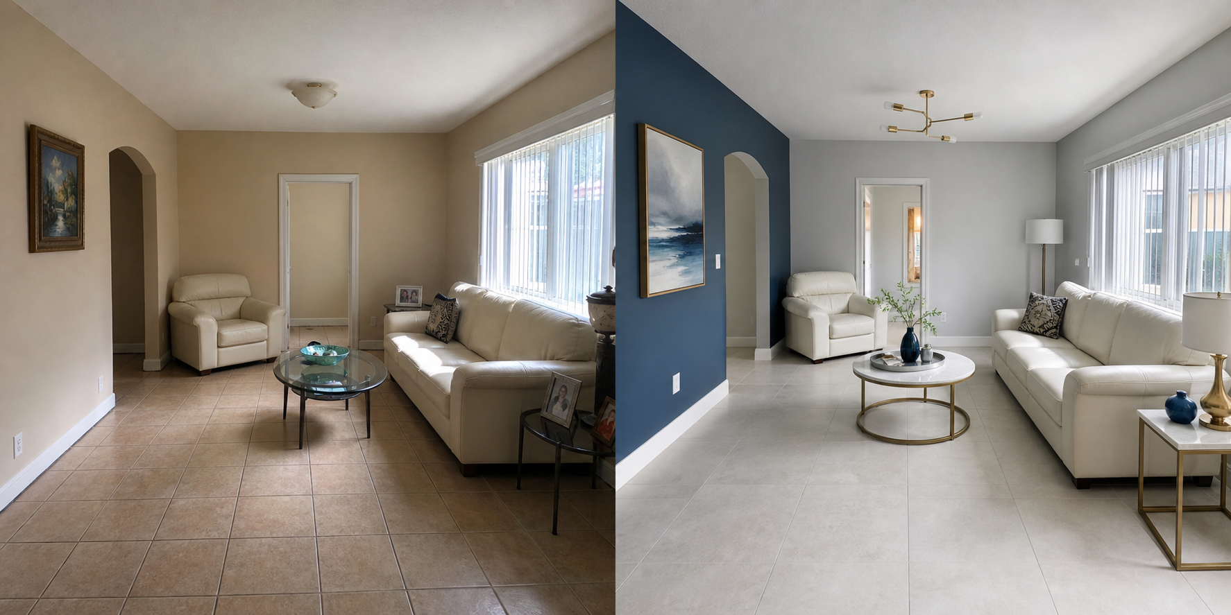 Before and after concept showing a living room with updated porcelain tile flooring