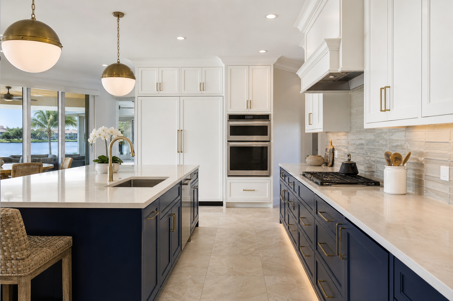 Finished navy and white kitchen remodel with tile flooring